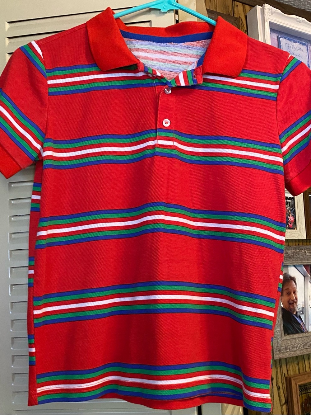 Boys Red Striped Polo Shirt with Multicolor Accent